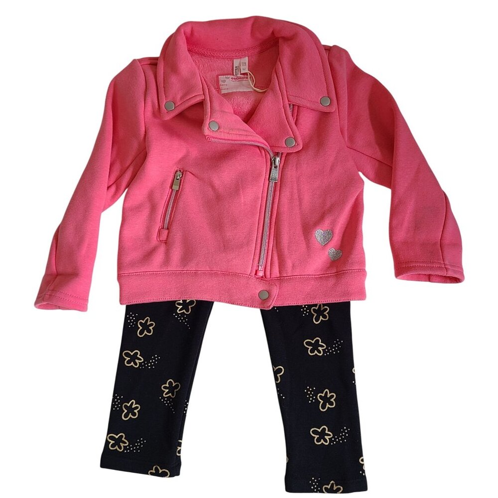 Orchestra Baby Girls Pink Fleece Biker Jacket & Black Floral Leggings Size 2T